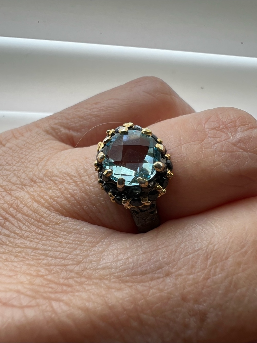 Sterling and Gold Vermeil  Blue Topaz Ring Size 6.5-7